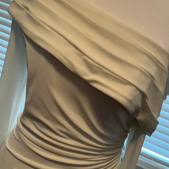 Ieena for Mac Duggal Long Beaded Sleeve Asymmetrical One Shoulder Midi Dress - Picture 5 of 11